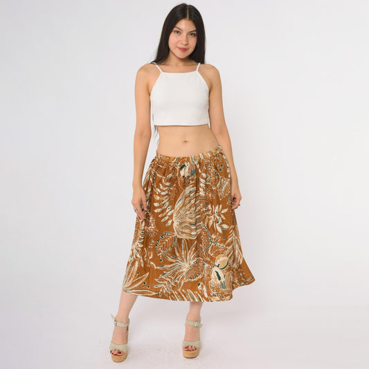 80s Courtwell Tropical Midi Skirt Rust Orange Botanical Print Large