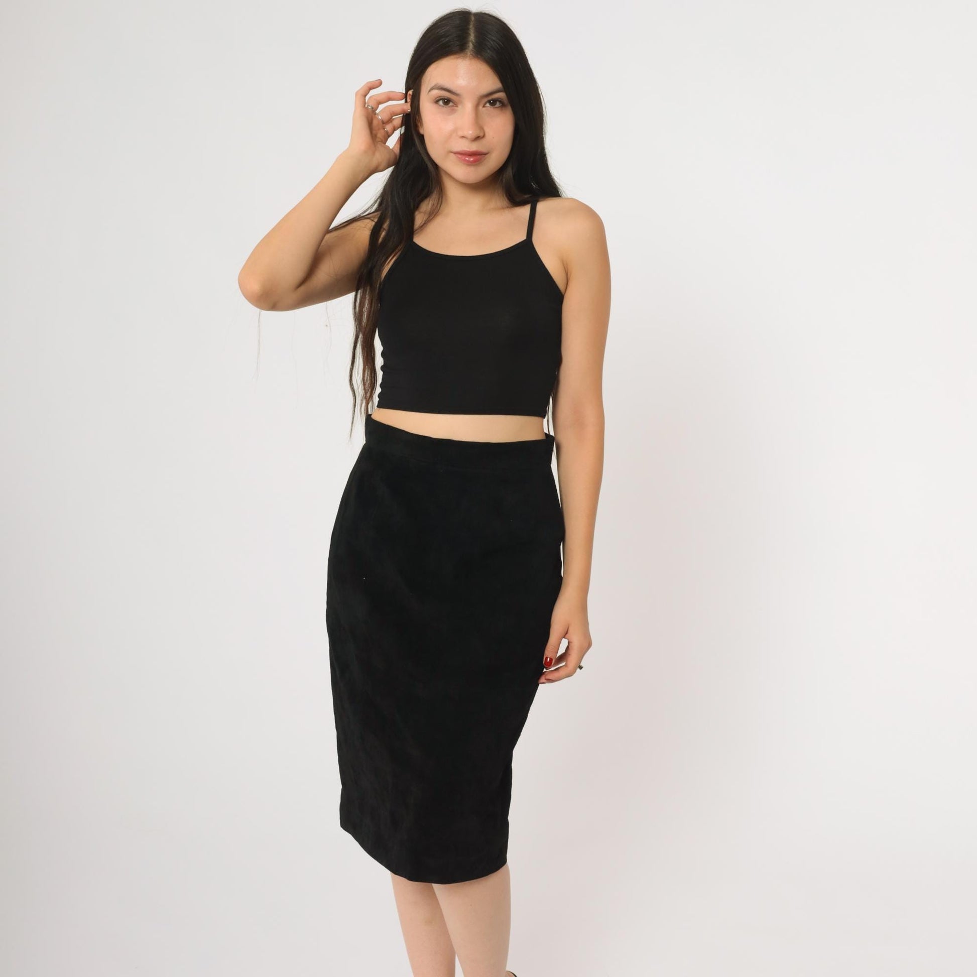 90s Evan Davies Black Suede Midi Skirt High Waisted Side Zip Medium