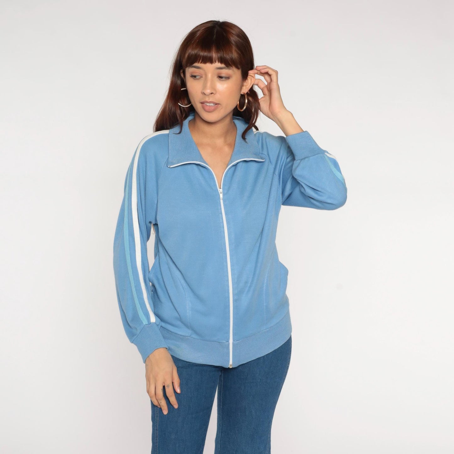 70s Track Jacket Baby Blue Striped Zip-Up Raglan Warmup Small