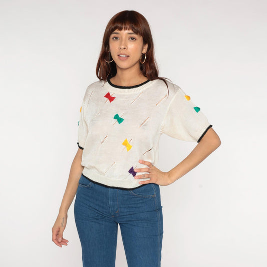 80s Bow Print Sweater Cream Rainbow Short Sleeve Knit Medium M