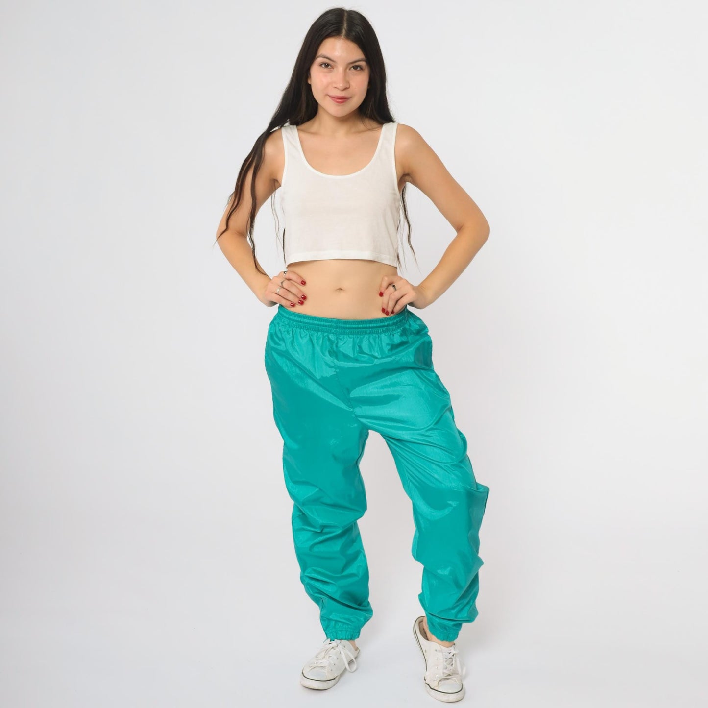 80s Teal Green Windbreaker Track Pants Elastic Waist Cuffed Small