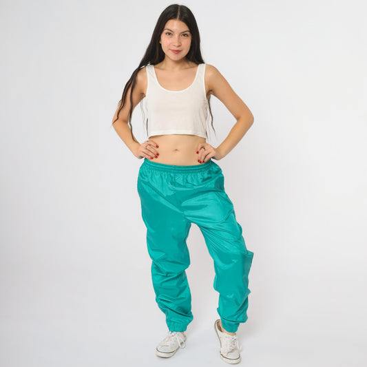 80s Teal Green Windbreaker Track Pants Elastic Waist Cuffed Small