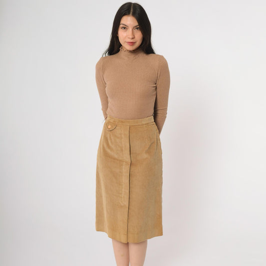 80s Nordstrom Tan Corduroy Midi Skirt Button Detail Small S