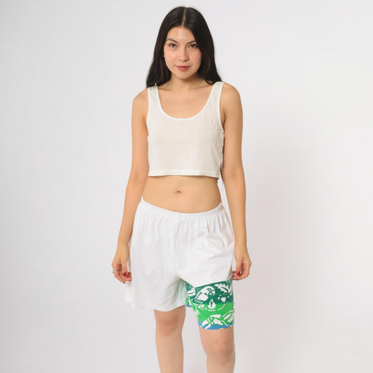 80s White Athletic Shorts Green Leaf Print Running Gym Medium