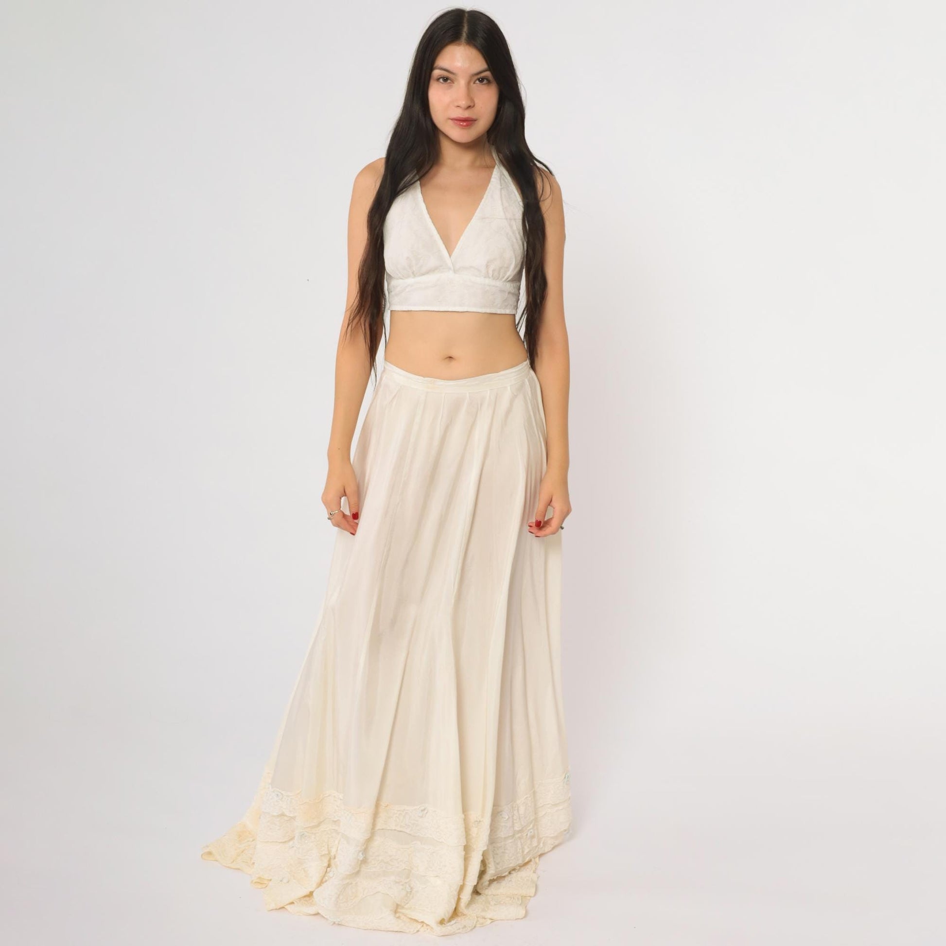 1950s Cream Lace Tiered Maxi Skirt High Waist Victorian Ruffled Small