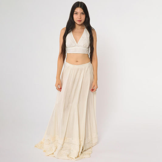 1950s Cream Lace Tiered Maxi Skirt High Waist Victorian Ruffled Small