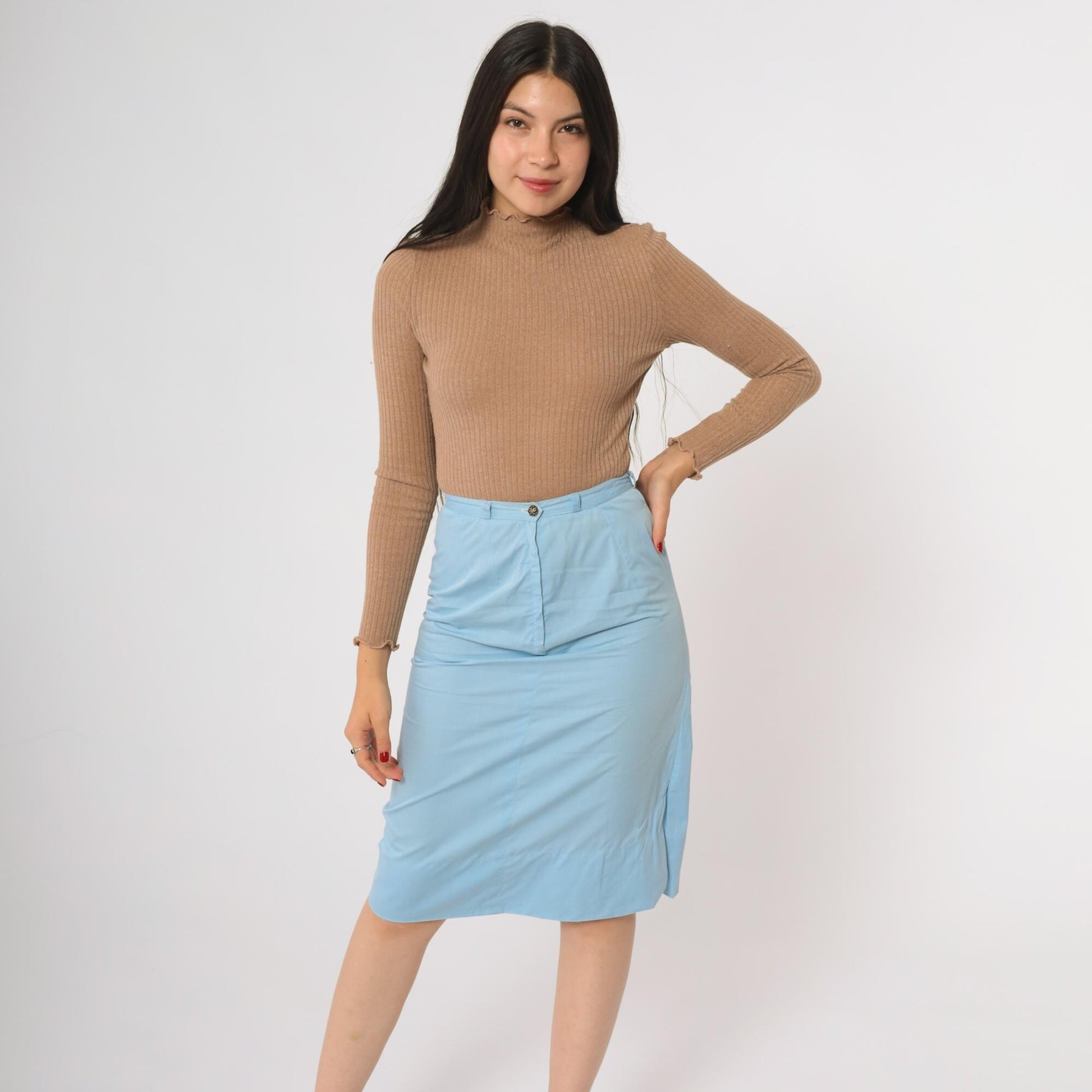 60s Suburban Set Pencil Skirt Light Blue High Waisted Knee Length Extra Small XS
