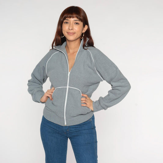 80s Jaguar Grey Zip-Up Sweatshirt White Piping Collar Small S