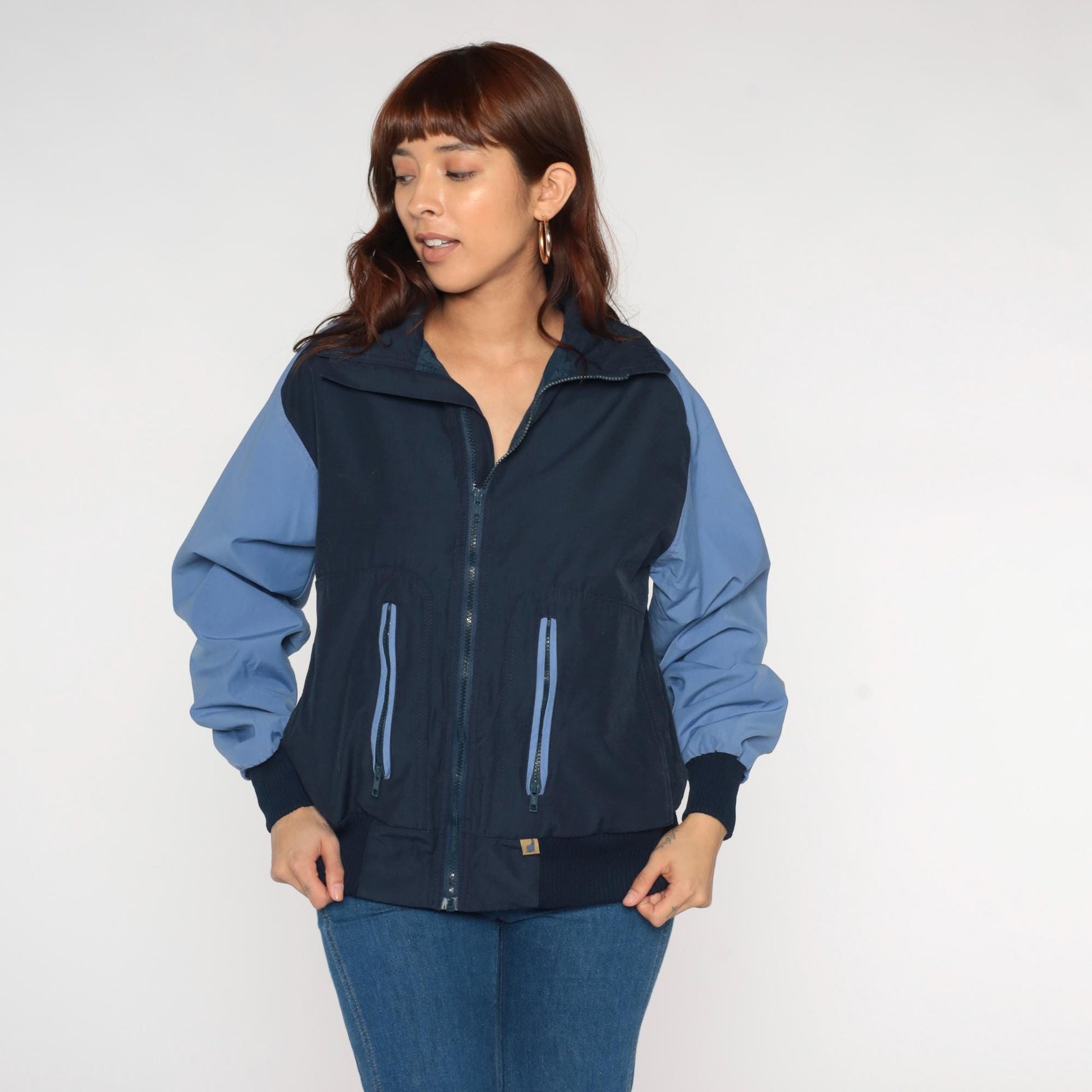 80s Navy Light Blue Colorblock Windbreaker Zip Jacket Medium M