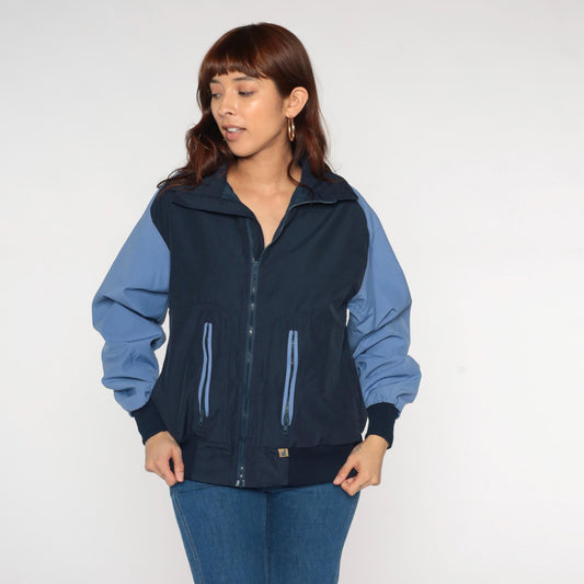 80s Navy Light Blue Colorblock Windbreaker Zip Jacket Medium M