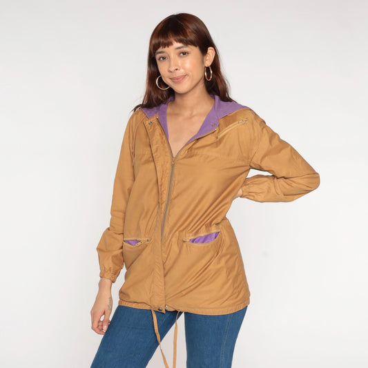 80s Aspen Tan Windbreaker Hood Zip Front Jacket Purple Lining Small