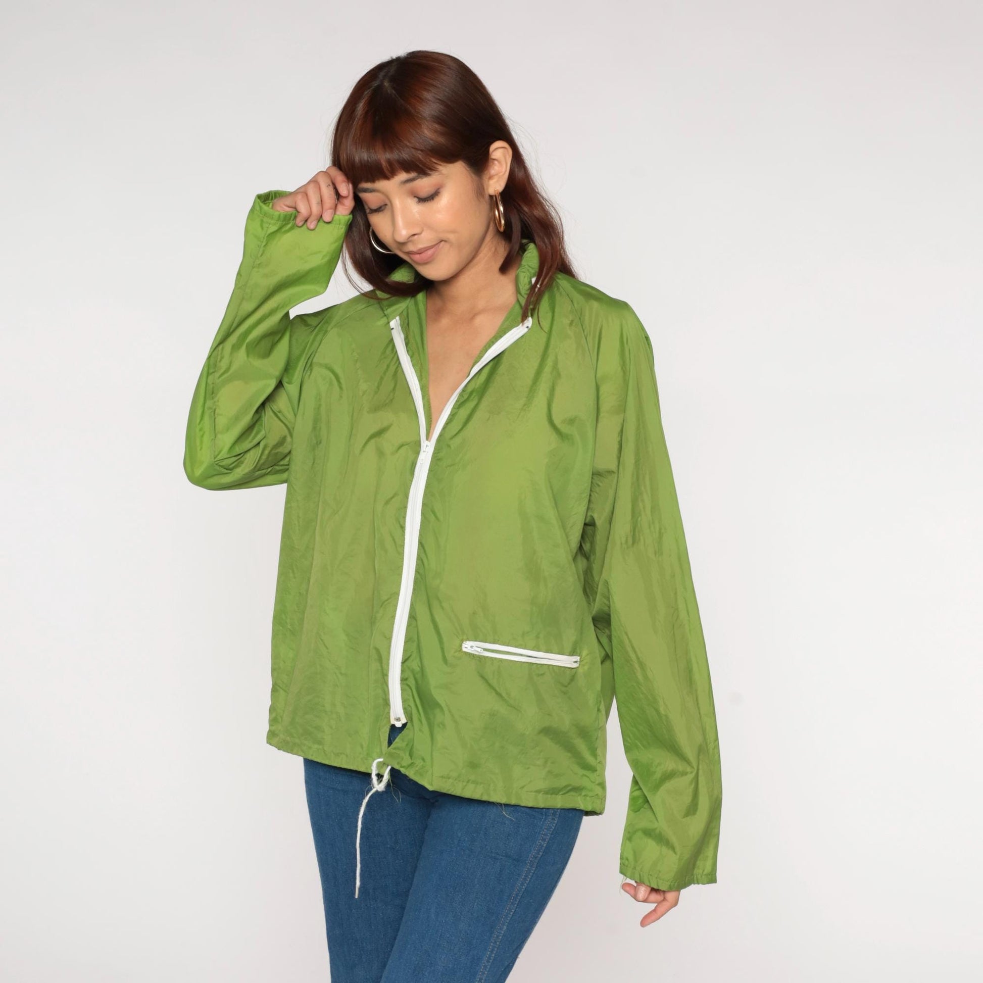 70s Lime Green Windbreaker Nylon Zip Hood Jacket Large L
