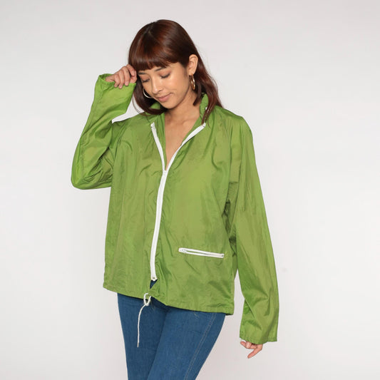 70s Lime Green Windbreaker Nylon Zip Hood Jacket Large L