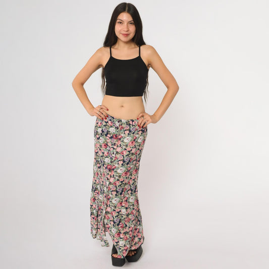 90s Navy Floral Maxi Skirt Button Front Rose Print Long Large L