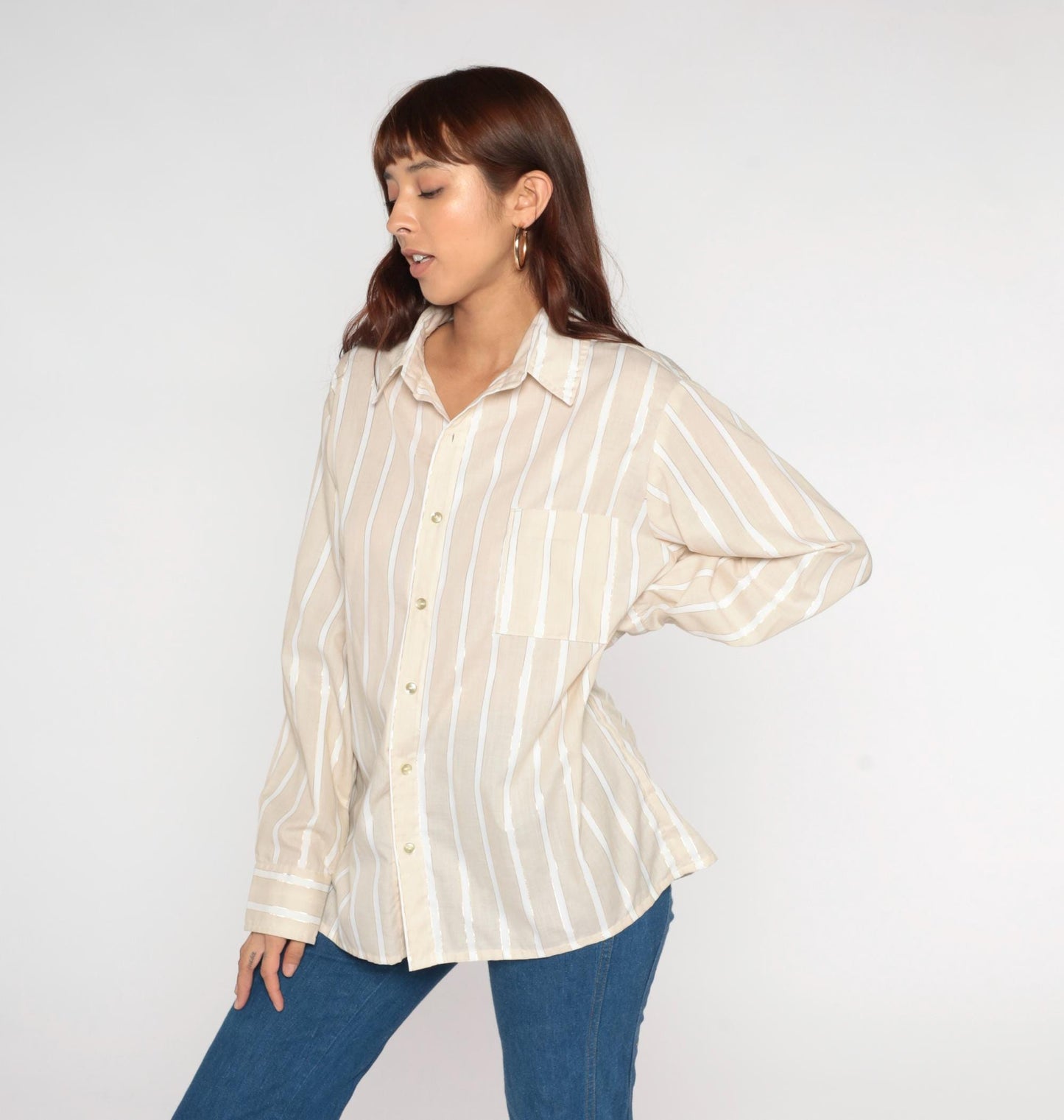 70s Beige Striped Button-Front Shirt Long Sleeve Chest Pocket Extra Large