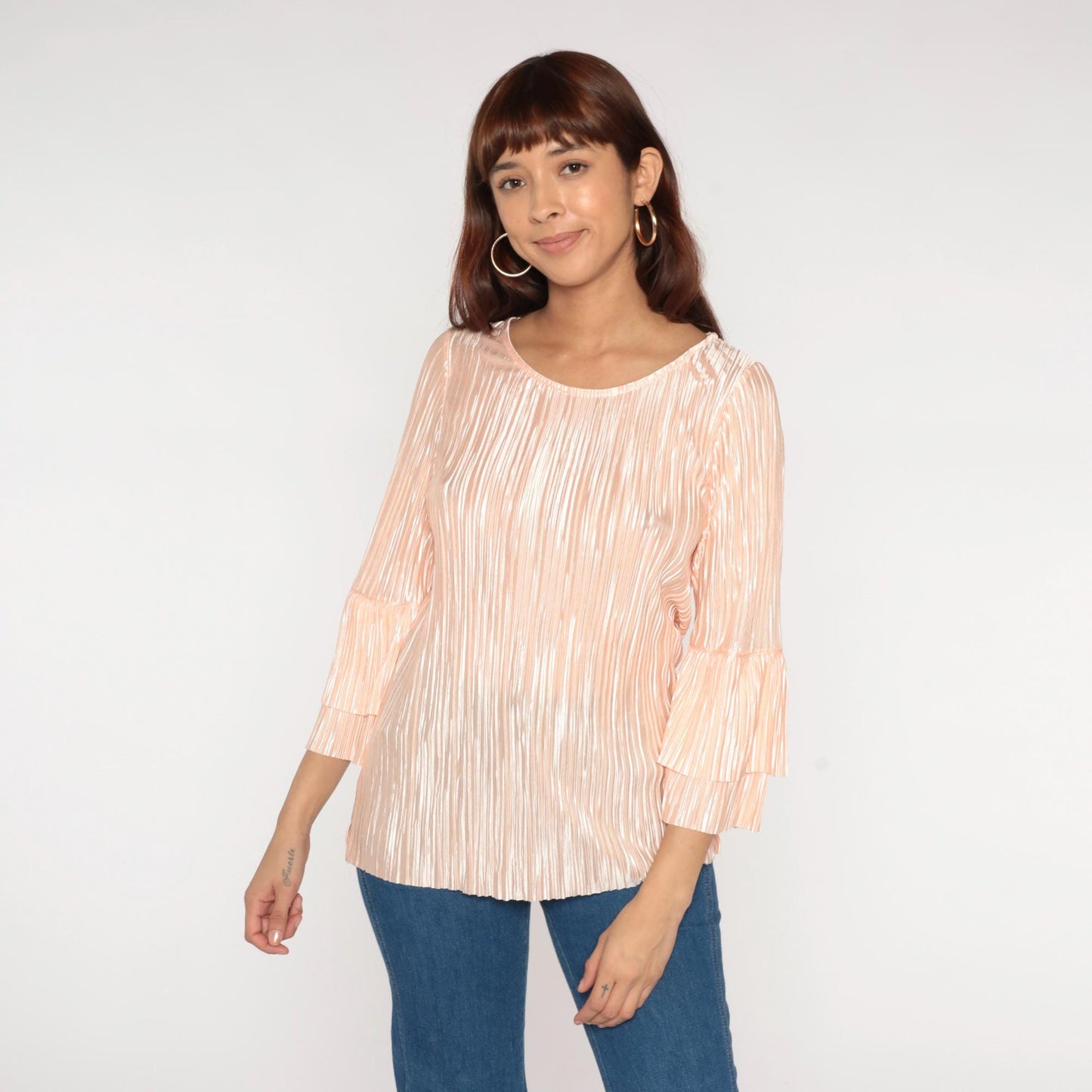 80s Pink Metallic Pleated Blouse Long Sleeve Ruffle Bell Cuffs Medium