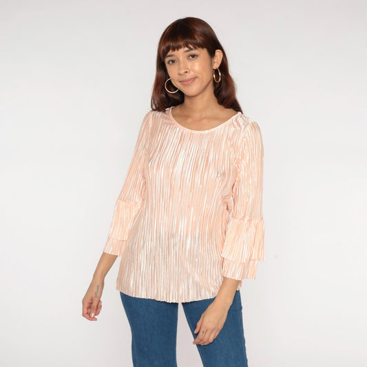 80s Pink Metallic Pleated Blouse Long Sleeve Ruffle Bell Cuffs Medium