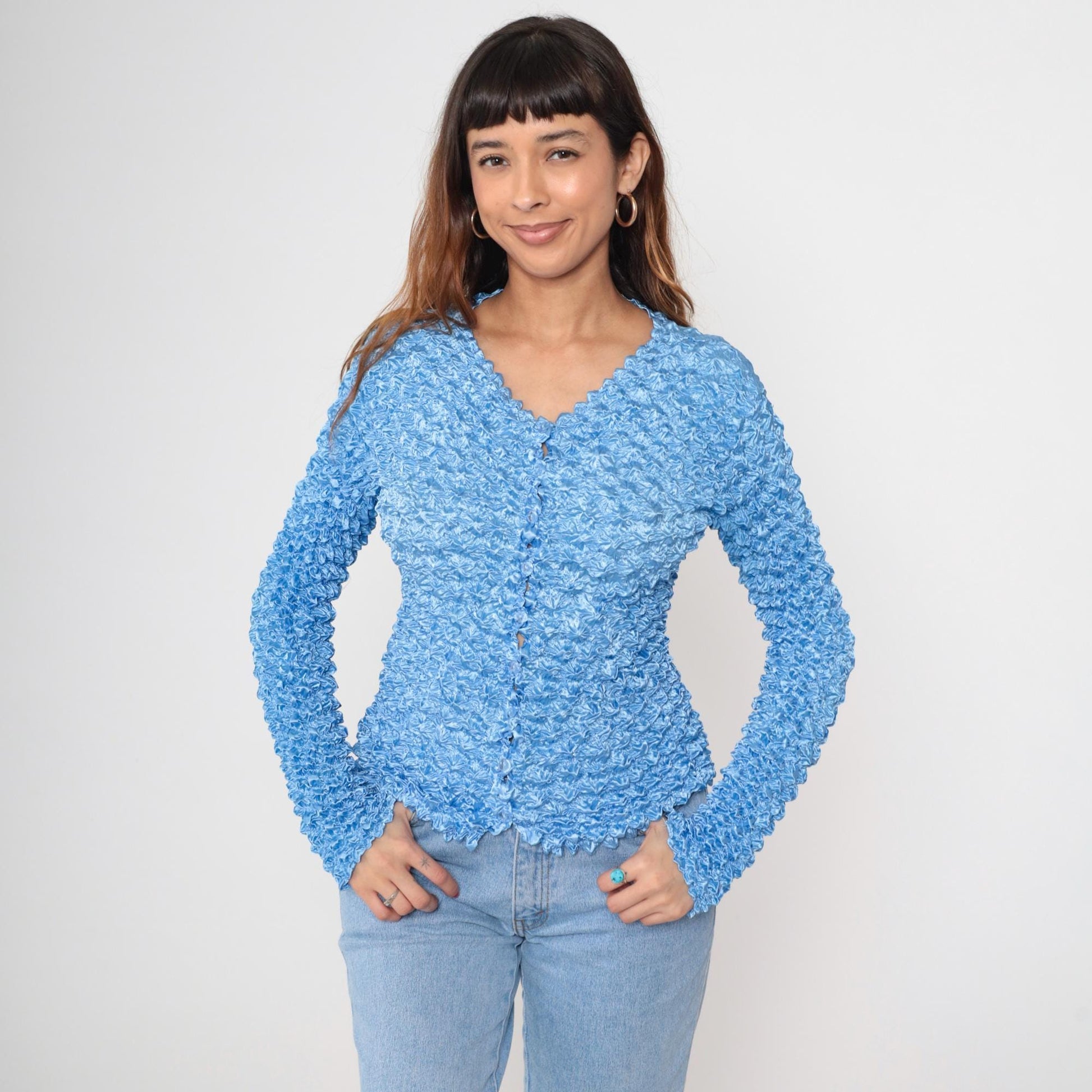 Y2K Light Blue Popcorn Cardigan Bubble Knit Button-Up Small