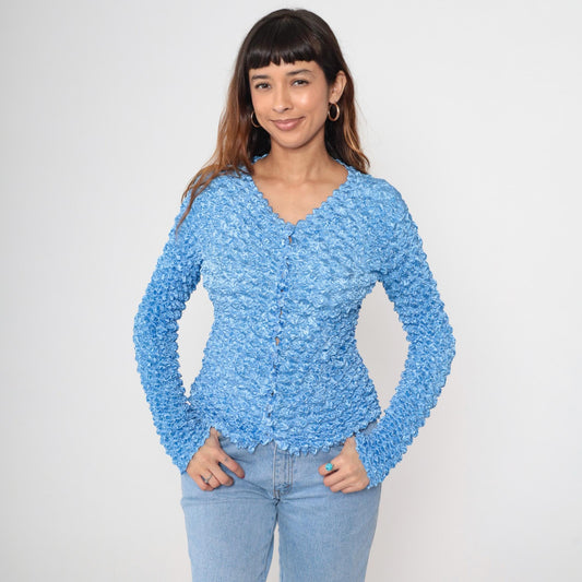 Y2K Light Blue Popcorn Cardigan Bubble Knit Button-Up Small