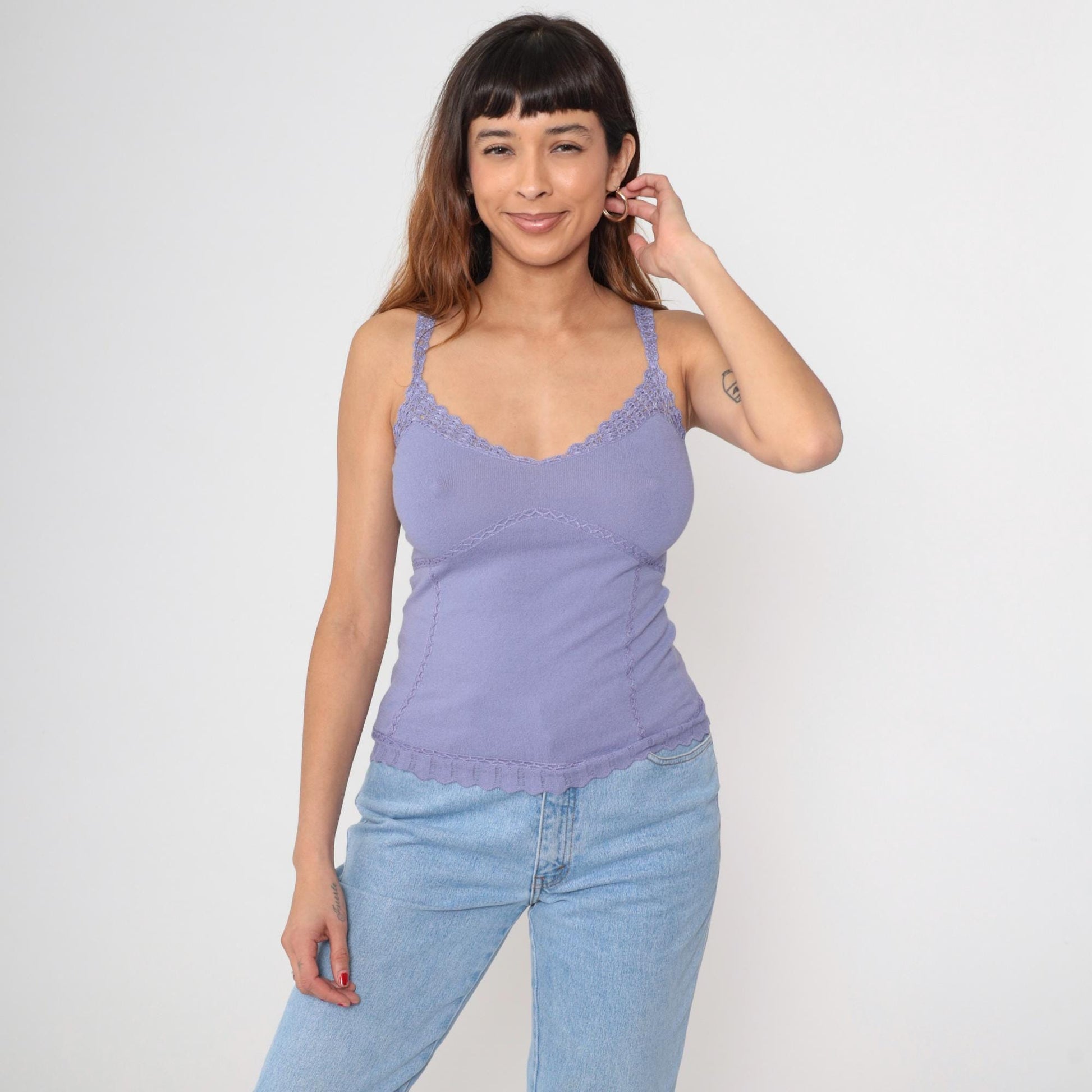 Y2K Express Lavender Camisole Lace Trim V-Neck Small S