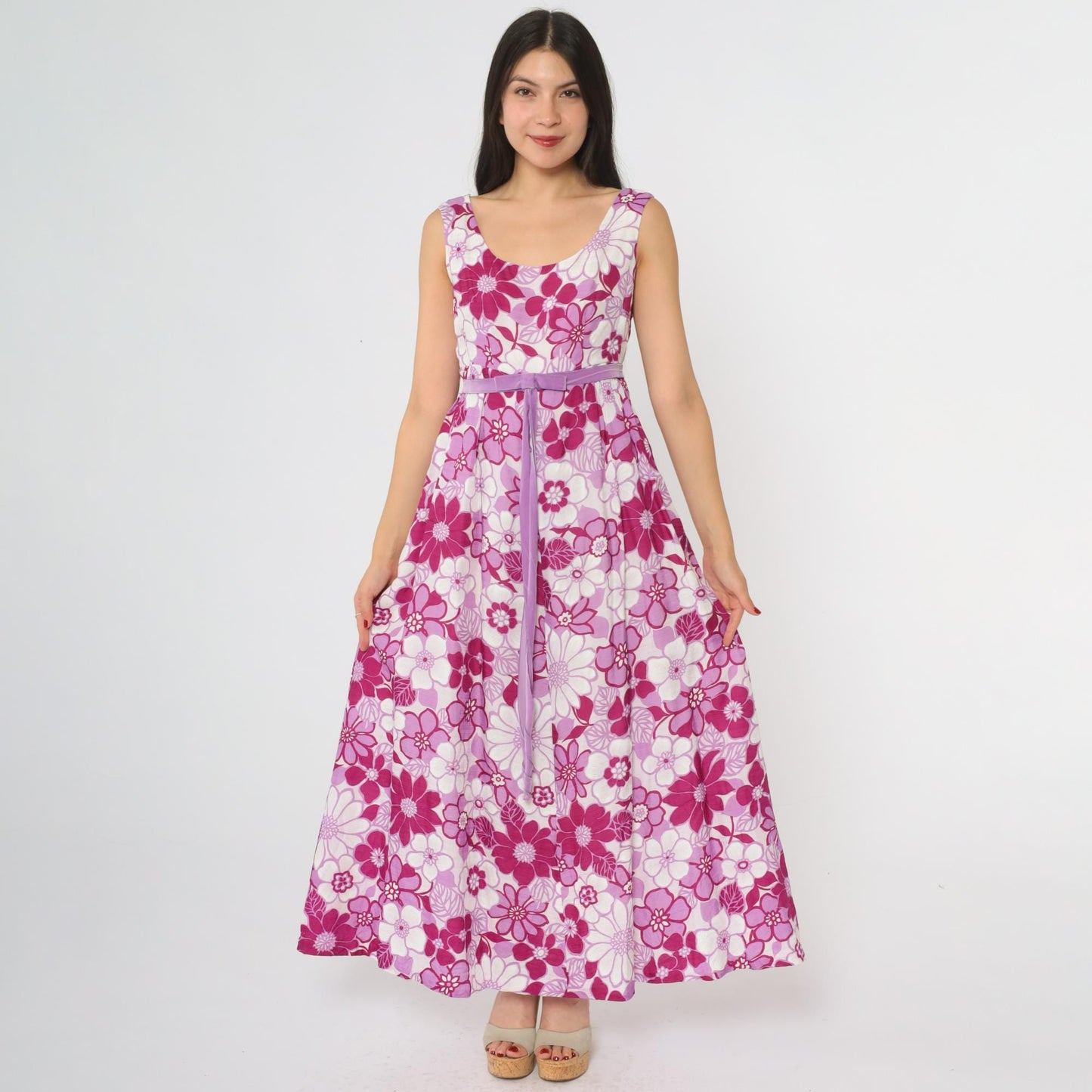 70s Floral Maxi Dress Pink Purple Daisy Print Sleeveless Small