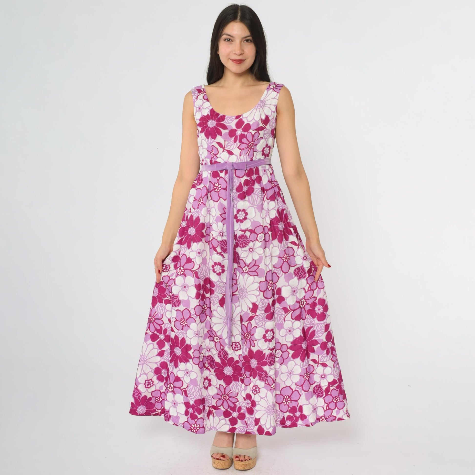 70s Floral Maxi Dress Pink Purple Daisy Print Sleeveless Small