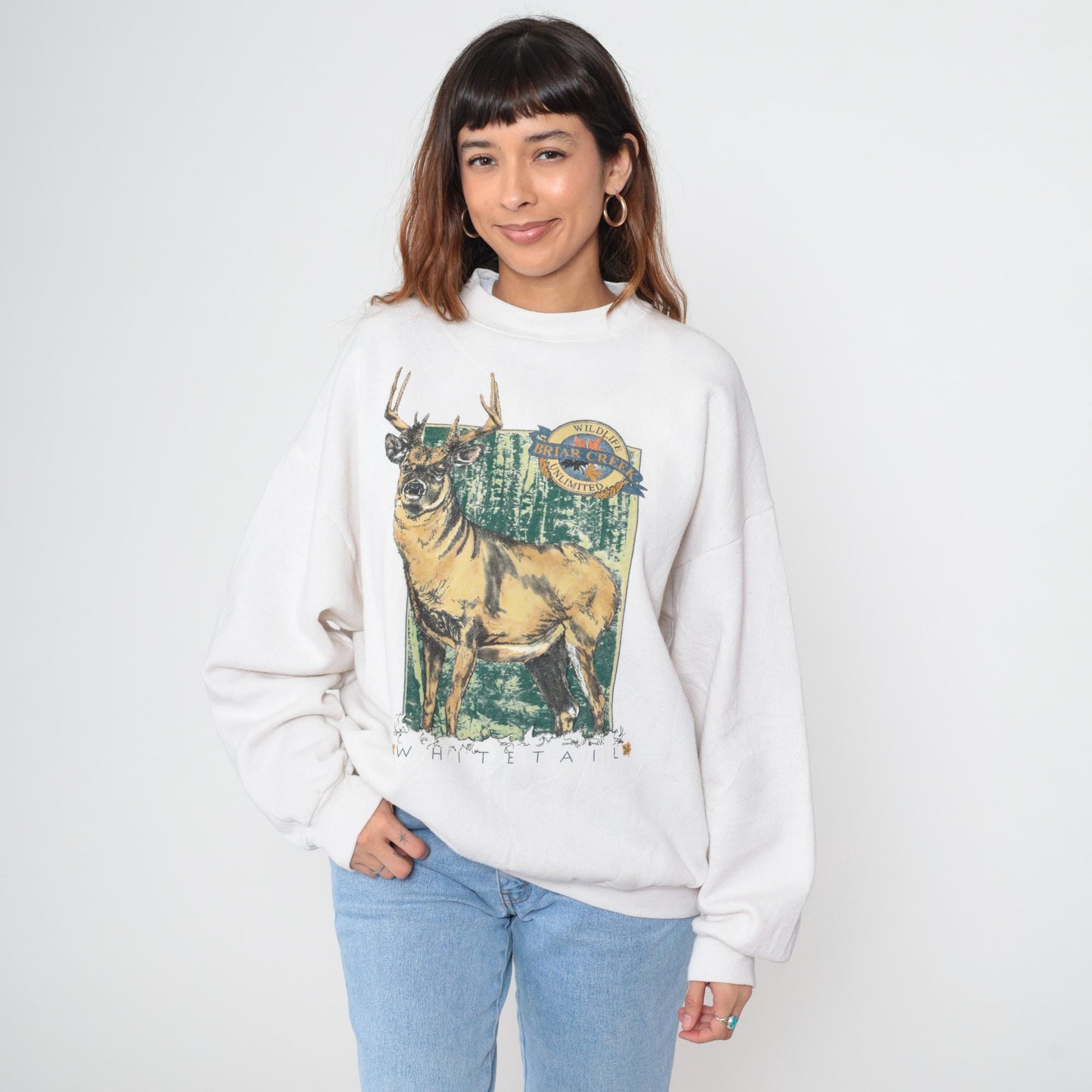 90s White Tail Deer Graphic Sweatshirt Off White Crewneck Pullover Extra Large