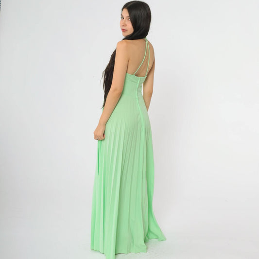70s Lime Green Halter Maxi Dress Pleated V-Neck Floor-Length Small