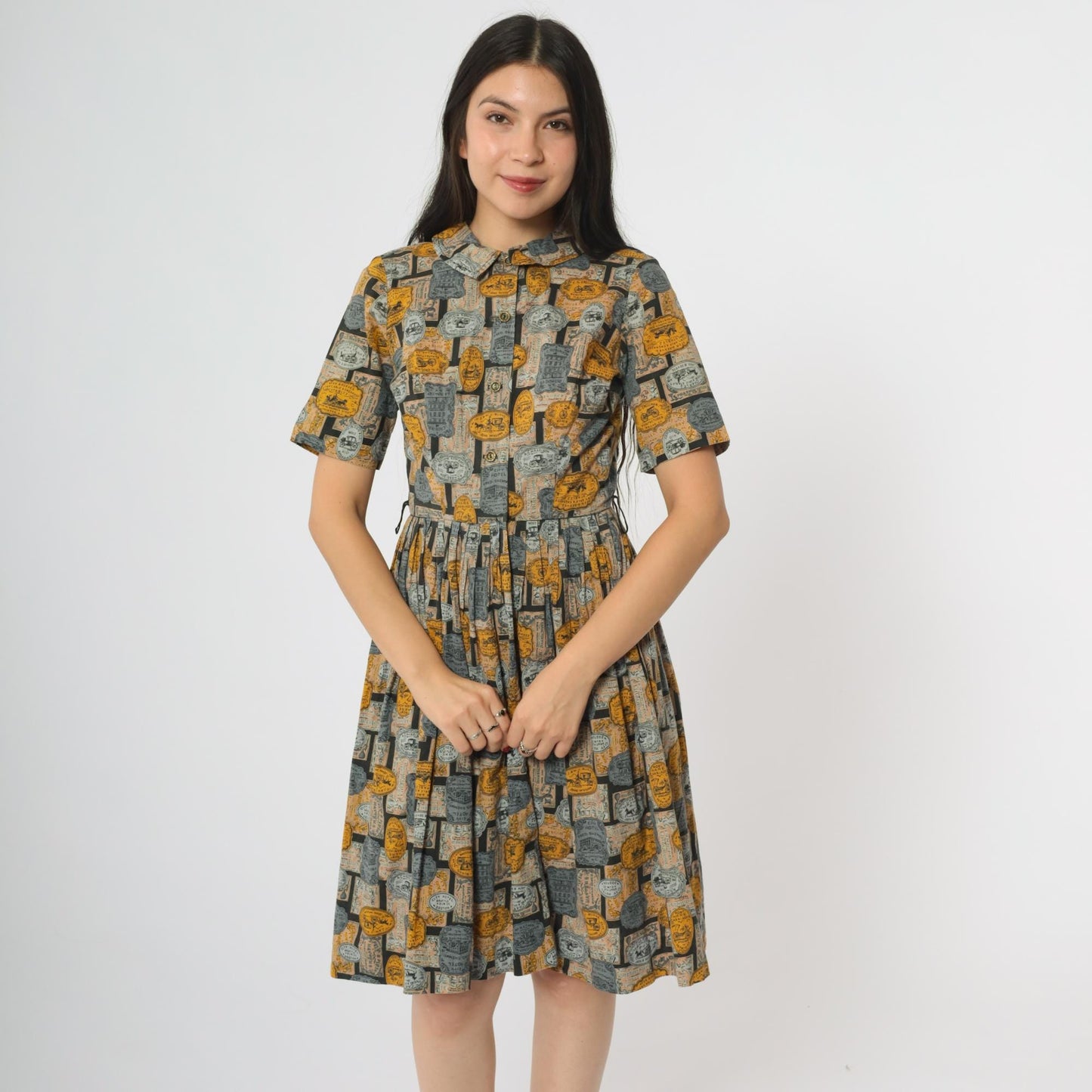 60s Novelty Advertisement Print Dress Yellow Grey Collar Button Front Knee Length Extra Small XS