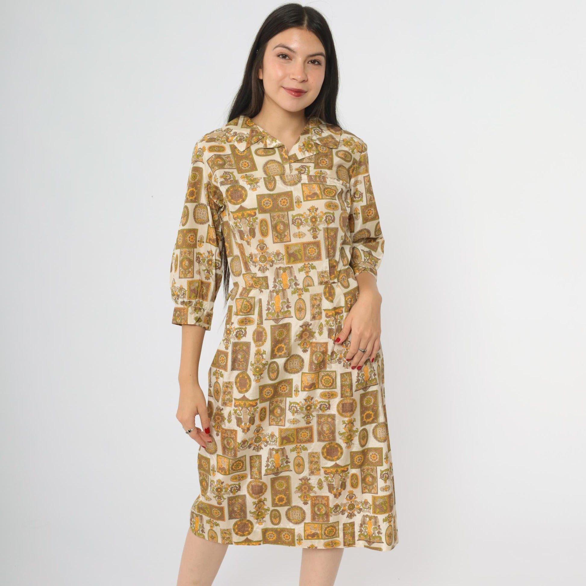 60s Medallion Print Dress Quarter Sleeve Collar Button Midi A-Line Brown Orange Large L