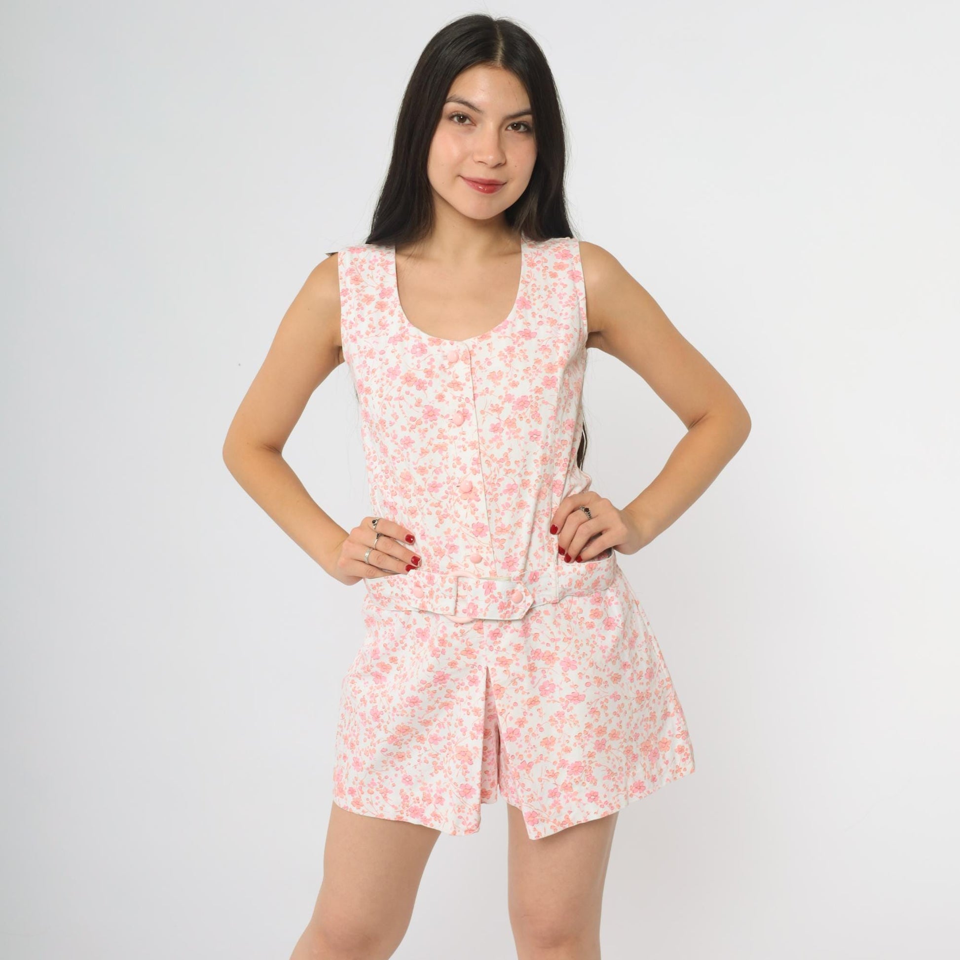 60s Pink Floral Romper Sleeveless Button Front Tie Belt Mini Playsuit Small