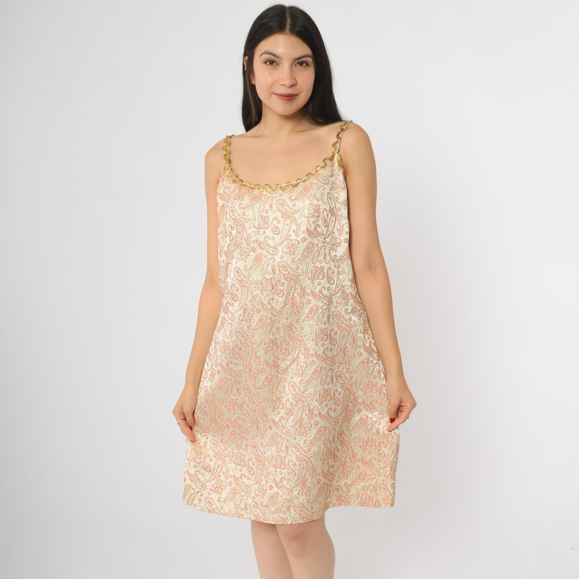60s Paisley Slip Dress Pink Gold Metallic Mini A-Line Mod Large L