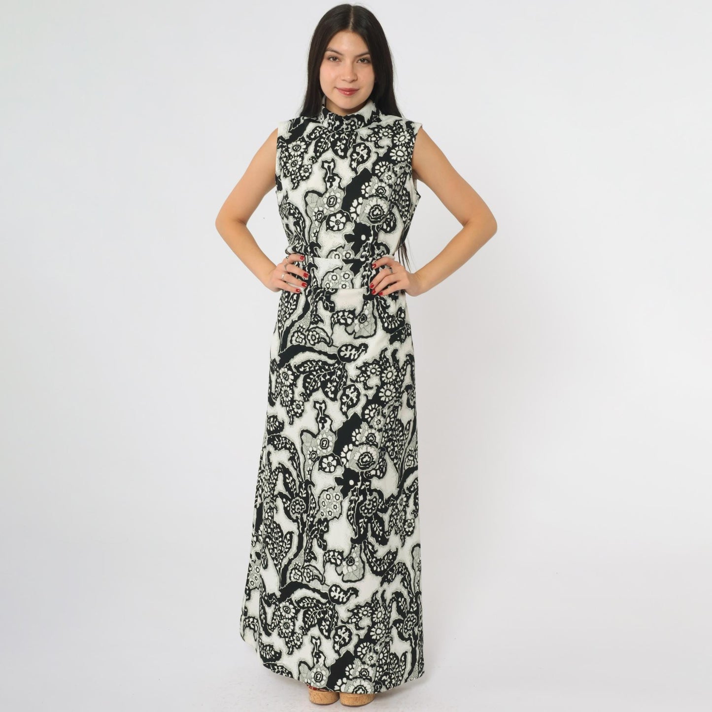 70s Chapter Two Paisley Maxi Dress Black White Mock Neck Sleeveless Medium