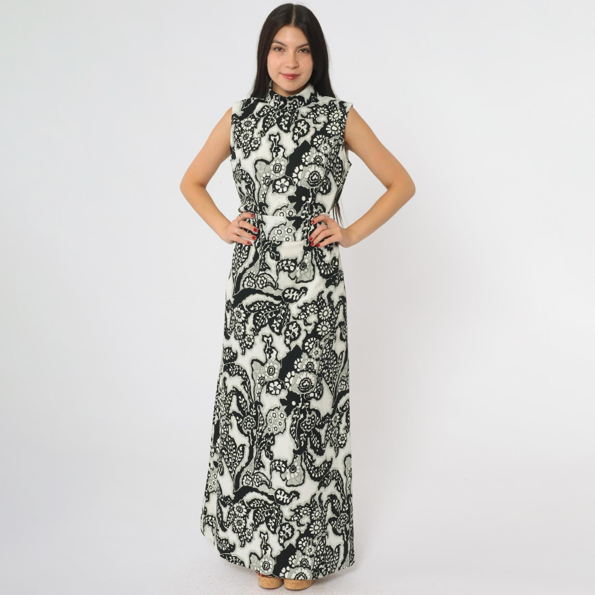70s Chapter Two Paisley Maxi Dress Black White Mock Neck Sleeveless Medium