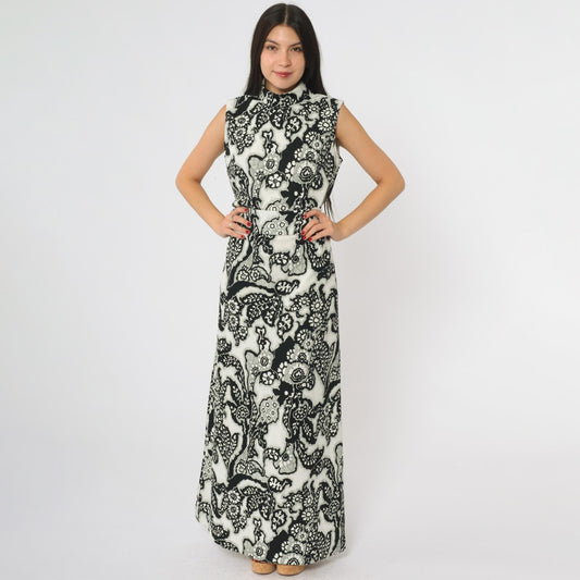 70s Chapter Two Paisley Maxi Dress Black White Mock Neck Sleeveless Medium