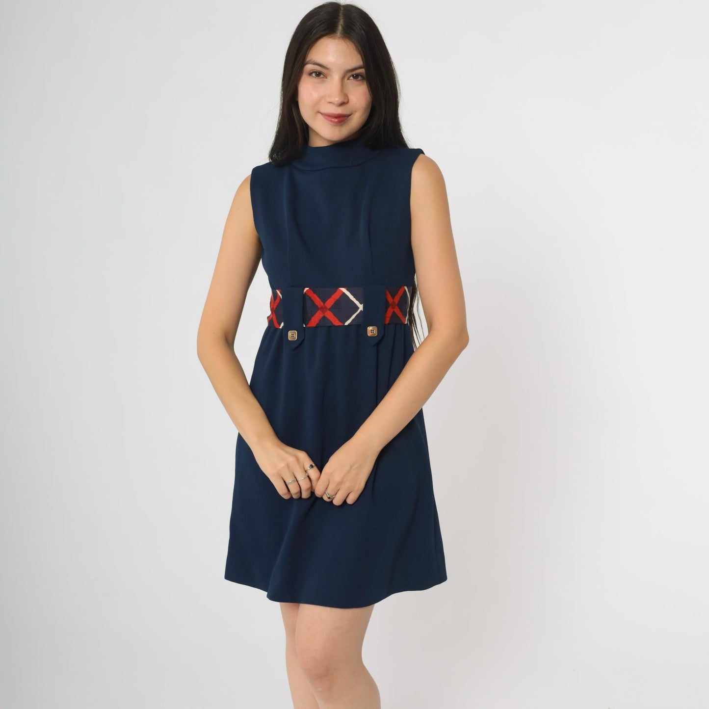 60s Navy Mock Neck Mini Dress Geometric Belt A-Line Sleeveless Extra Small