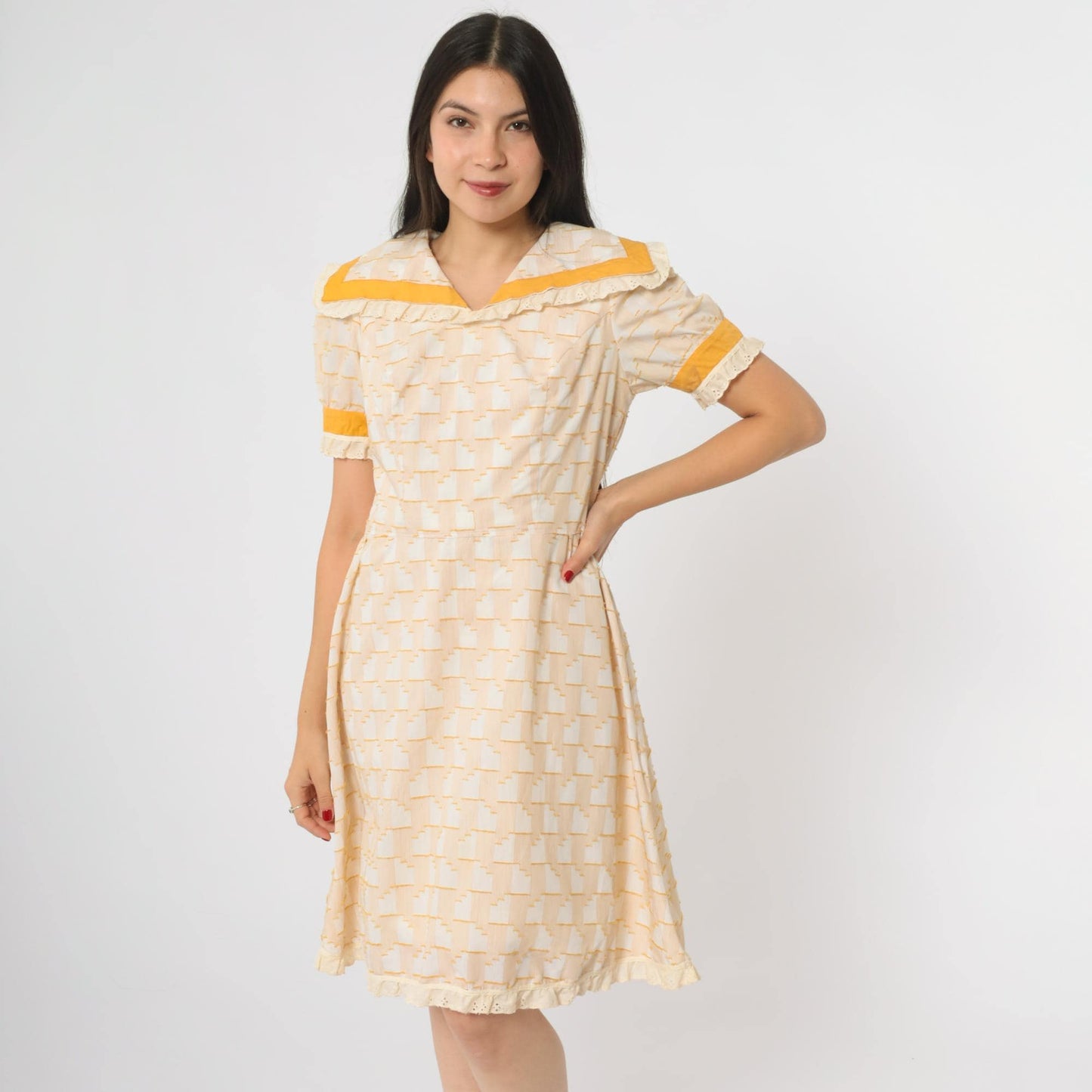 70s Prairie Babydoll Dress Cream Yellow Geometric Print Lace Trim Medium M