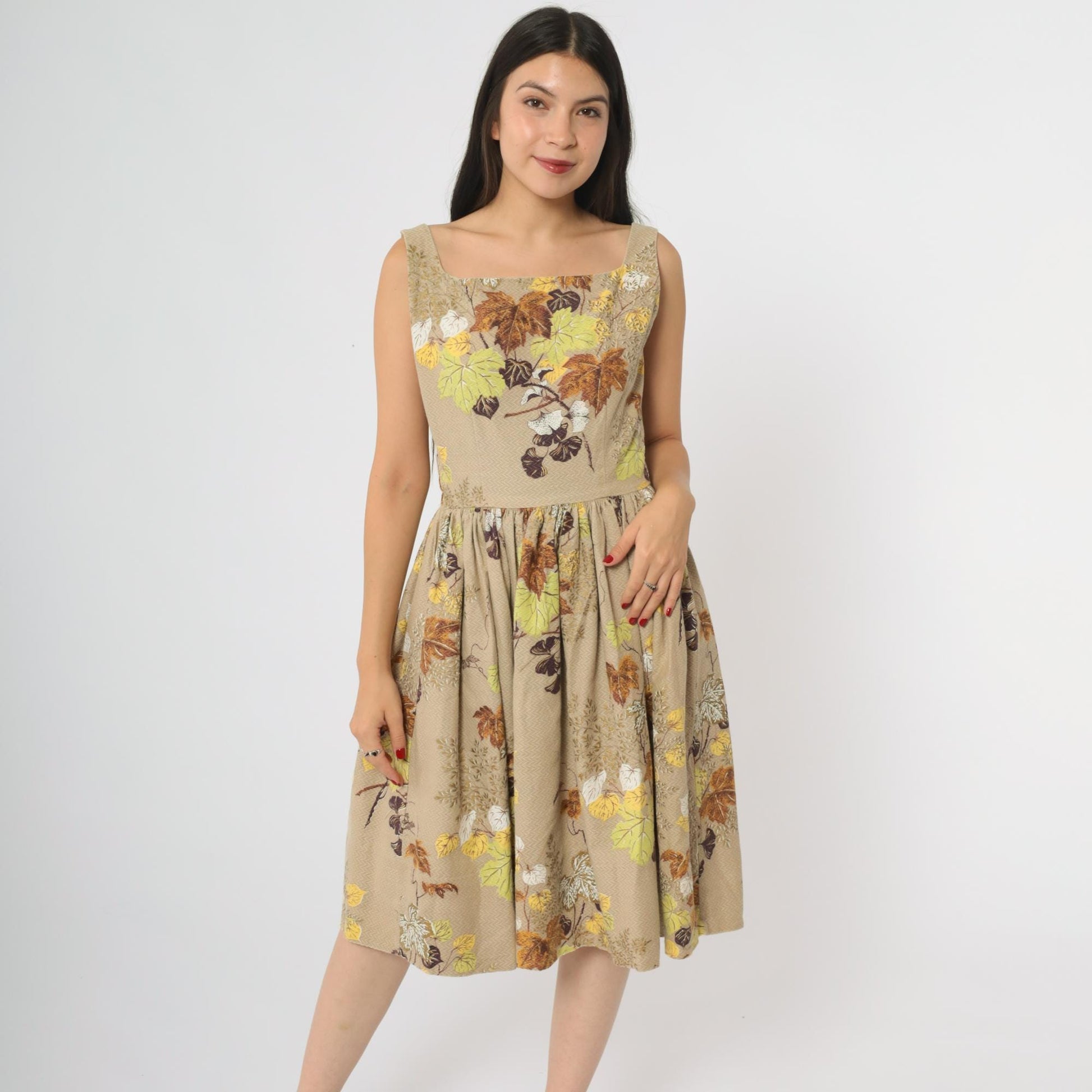 60s Leaf Print Dress Tan Brown Square Neck A-Line Cotton Small