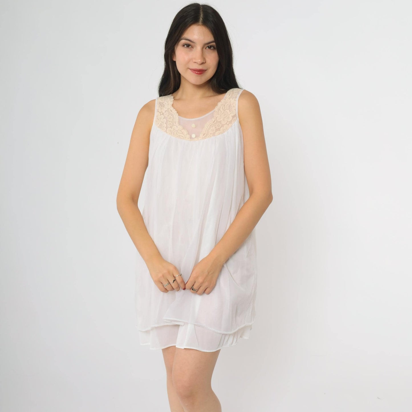 70s White Nylon Babydoll Nightgown Lace Yoke Sleeveless Knee-Length Medium