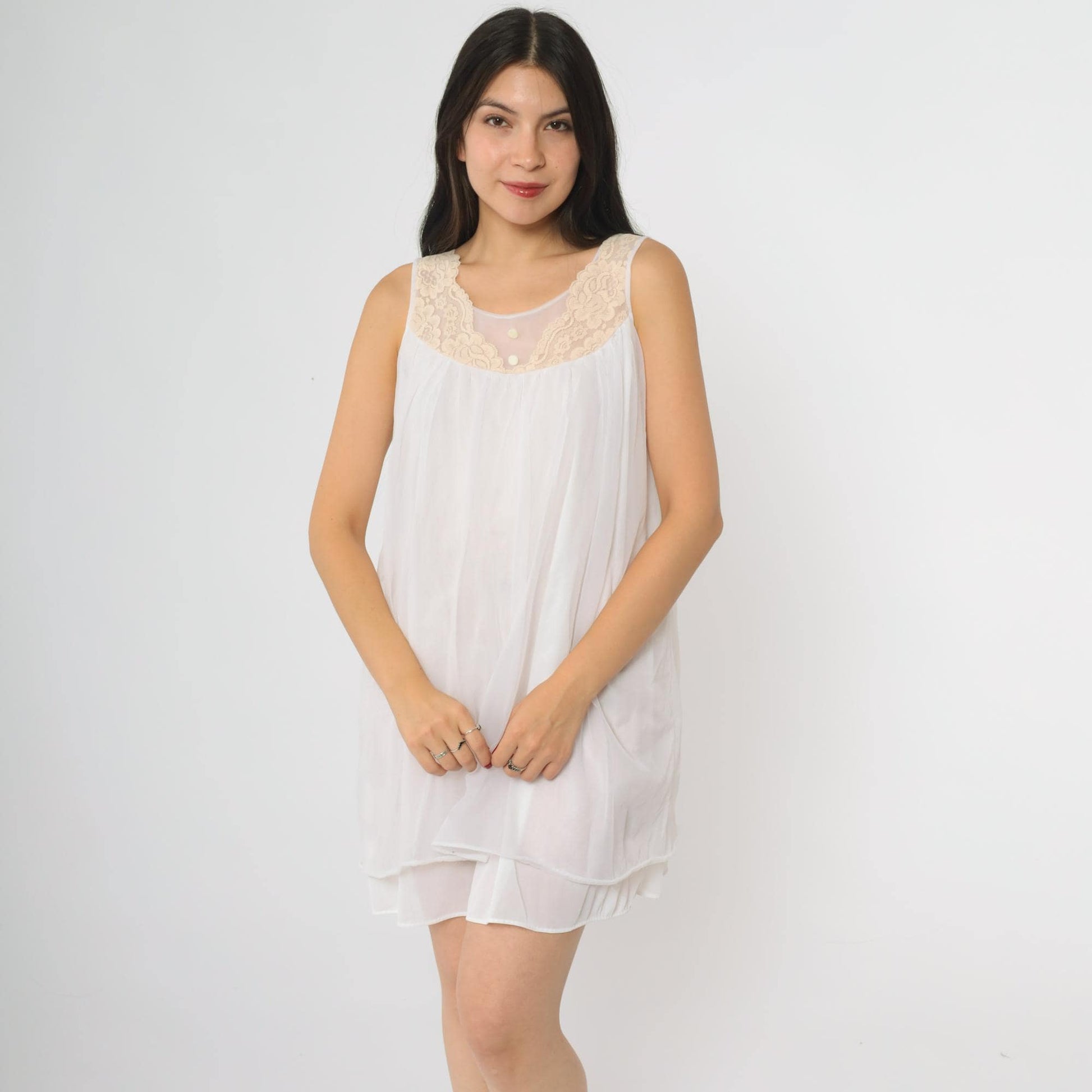 70s White Nylon Babydoll Nightgown Lace Yoke Sleeveless Knee-Length Medium