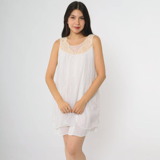 70s White Nylon Babydoll Nightgown Lace Yoke Sleeveless Knee-Length Medium