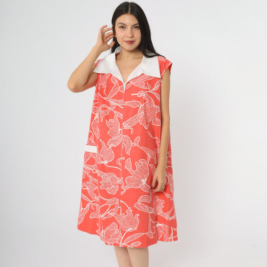 70s Komar Floral Shift Dress Coral Red White Lily Print Extra Large XL