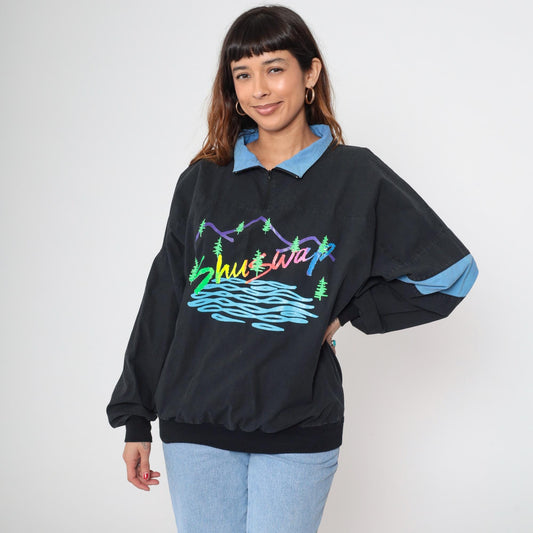 90s Shuswap Mountain Pullover Quarter Zip Black Colorblock Cotton Large