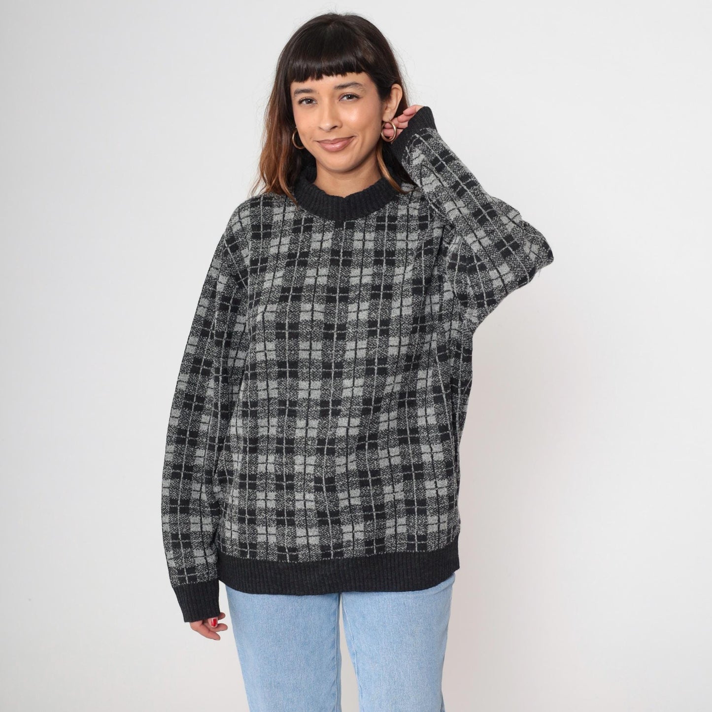 90s Belvedere Checkered Wool Sweater Black White Grey Crewneck Medium