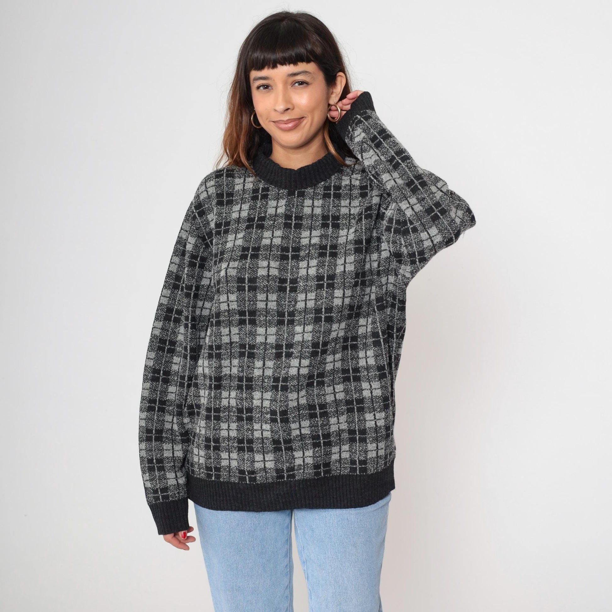 90s Belvedere Checkered Wool Sweater Black White Grey Crewneck Medium