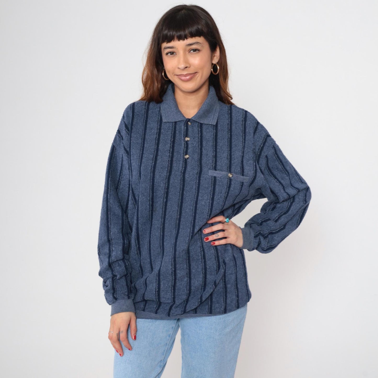90s Navy Striped Henley Knit Sweater Button-Up Crewneck Large L
