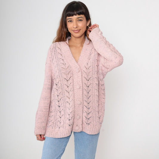 90s Pink Pointelle Cardigan Button-Up V-Neck Knit Plus Size 1X