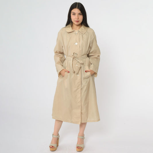 80s Lacoste Alligator Tan Nylon Trench Coat Midi Length Medium