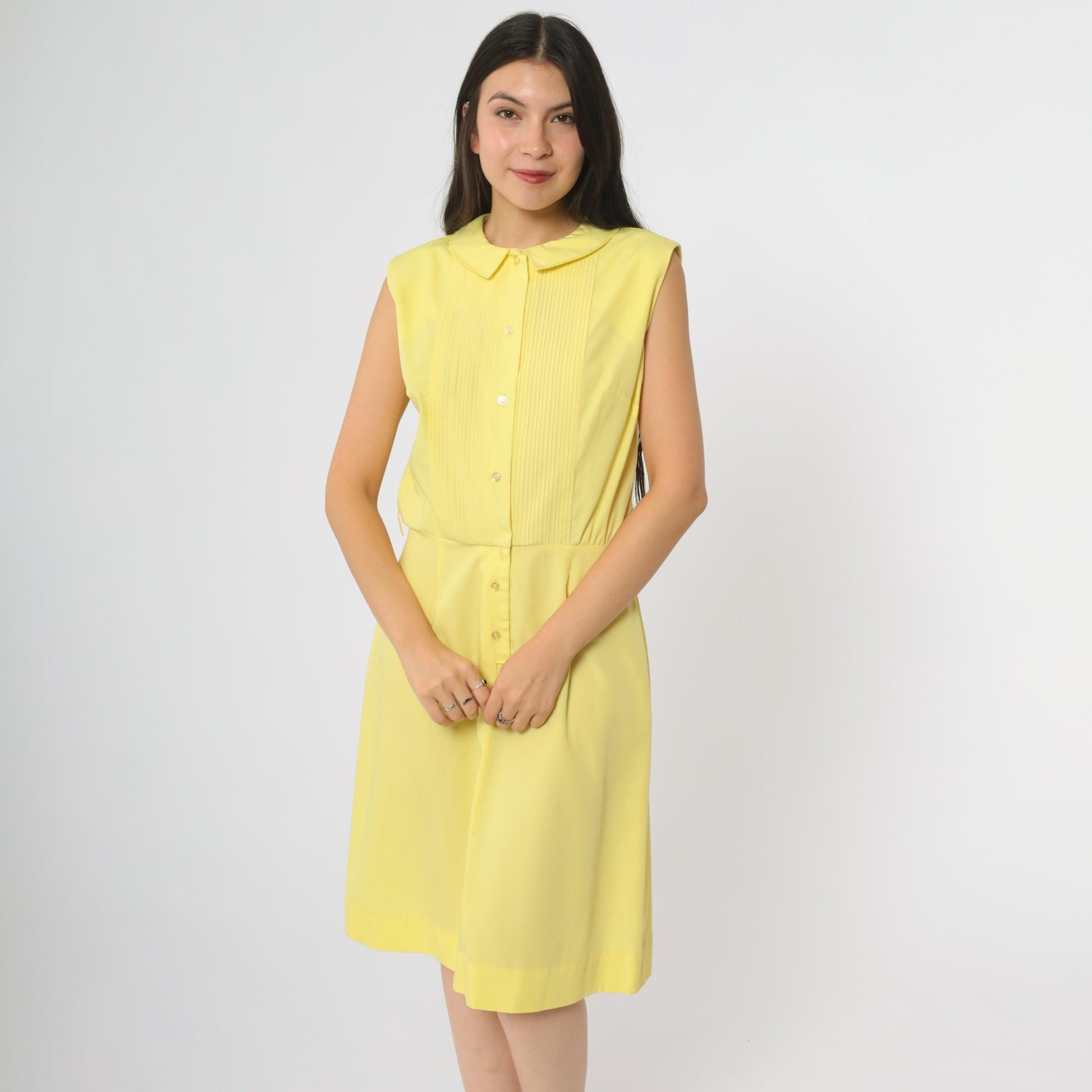 60s Yellow Lady Bird Shift Dress Peter Pan Collar A-Line Knee Length Medium