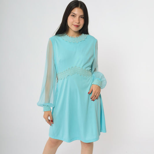 70s Turquoise Mini Dress Empire Waist Lace Trim Long Sheer Sleeves Large L